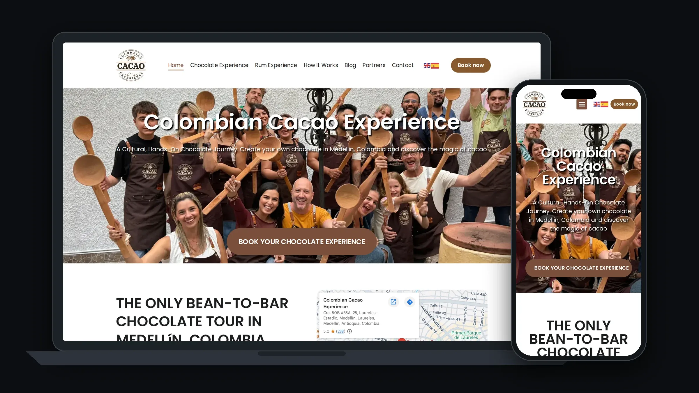 Homepage van Colombian Cacao Experience op laptop en telefoon.