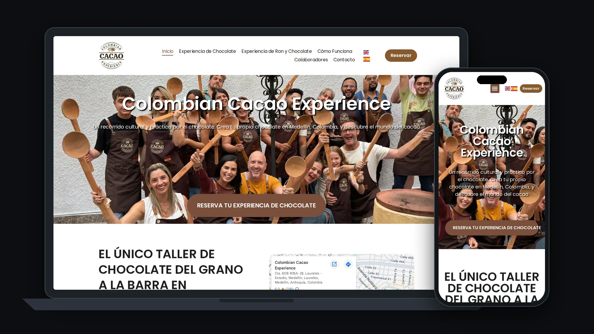 Spaanse homepage van Colombian Cacao Experience op laptop en telefoon.