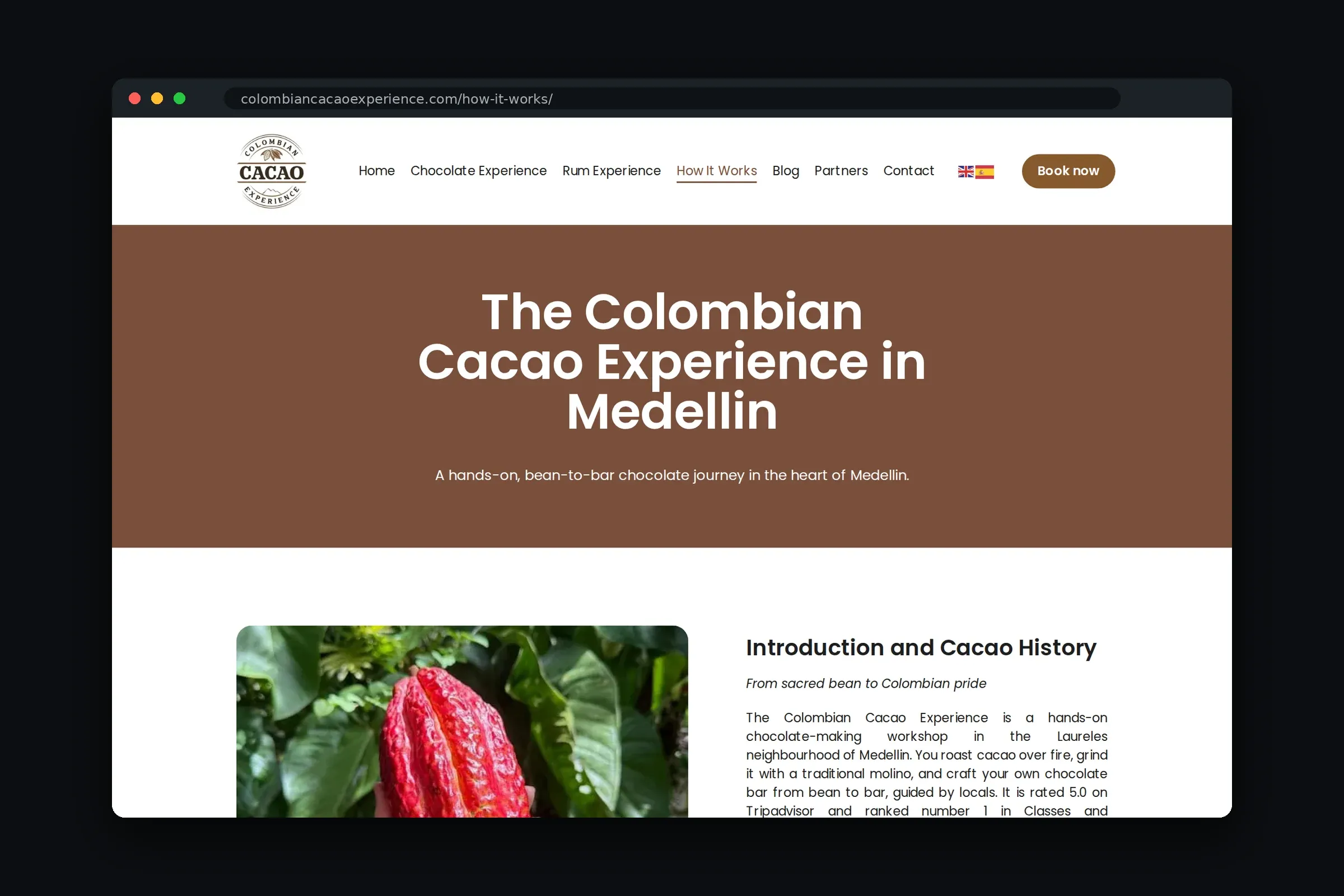 Pagina met de stappen van boon tot reep bij Colombian Cacao Experience.