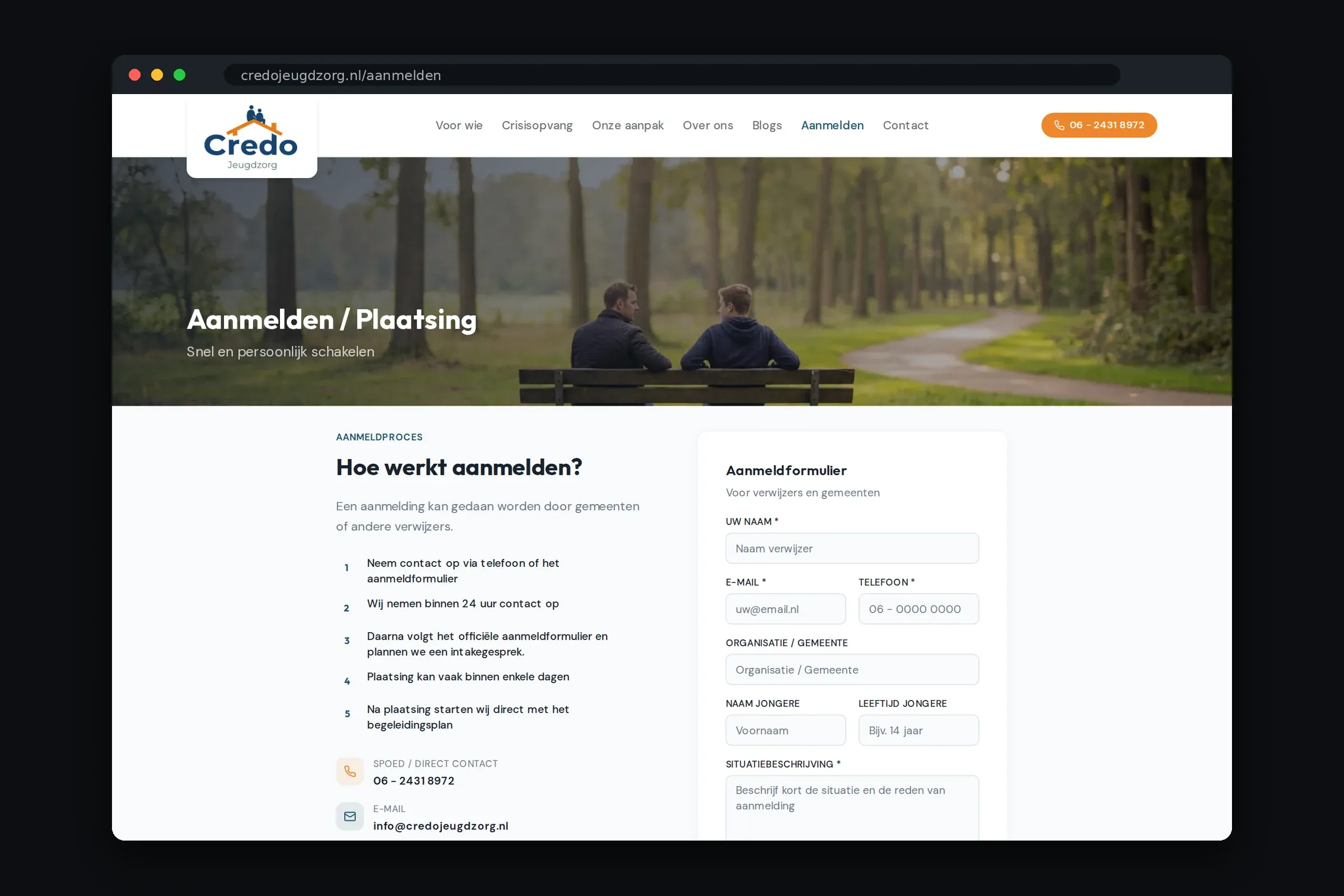 Aanmeldpagina van Credo Jeugdzorg met veelgestelde vragen over de aanmelding