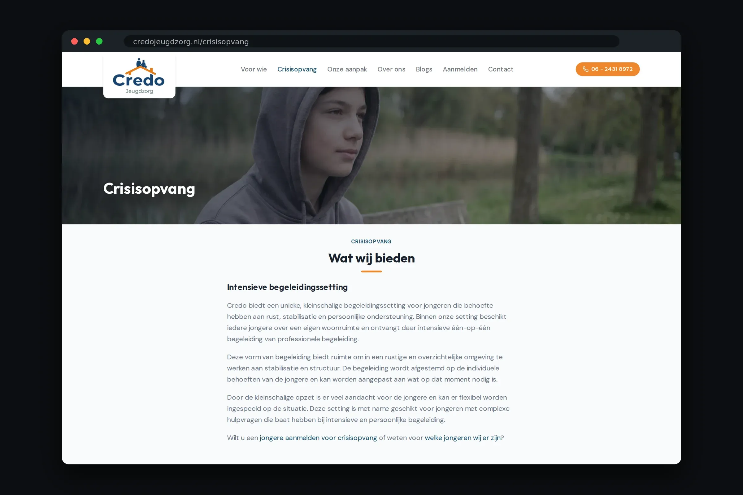 Pagina Crisisopvang van Credo Jeugdzorg met een blok veelgestelde vragen voor verwijzers