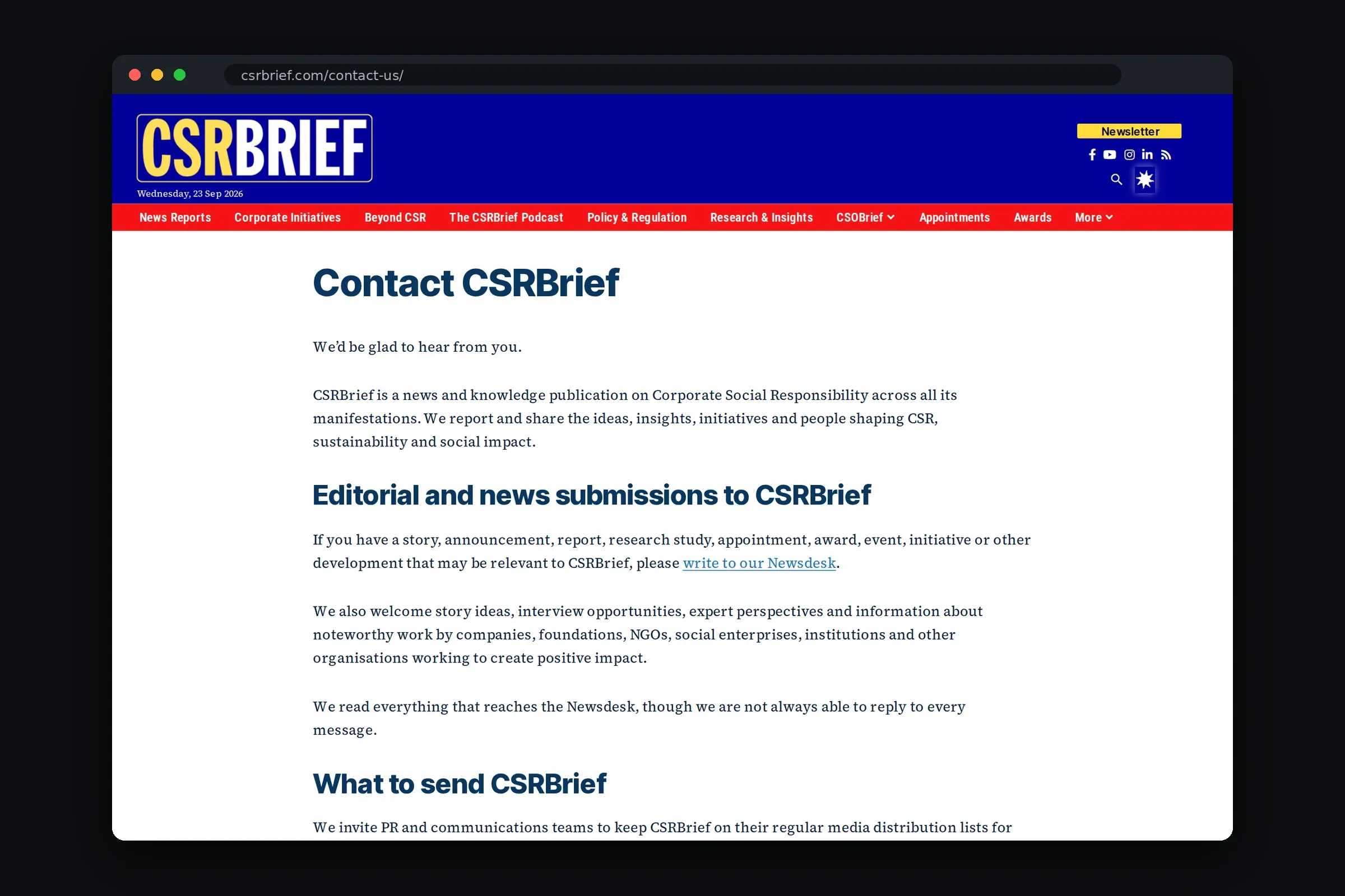 Contactpagina van CSRBrief met aparte adressen voor redactie en commercie.