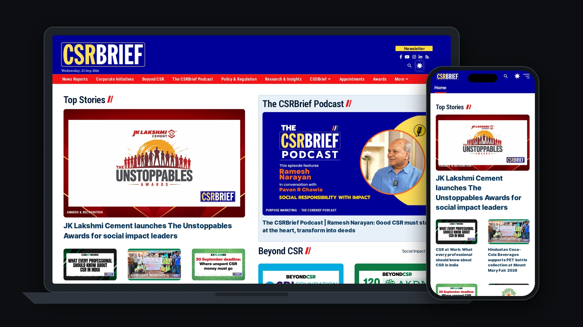 Homepage van CSRBrief met Top Stories, de podcast en Spotlight bovenaan.