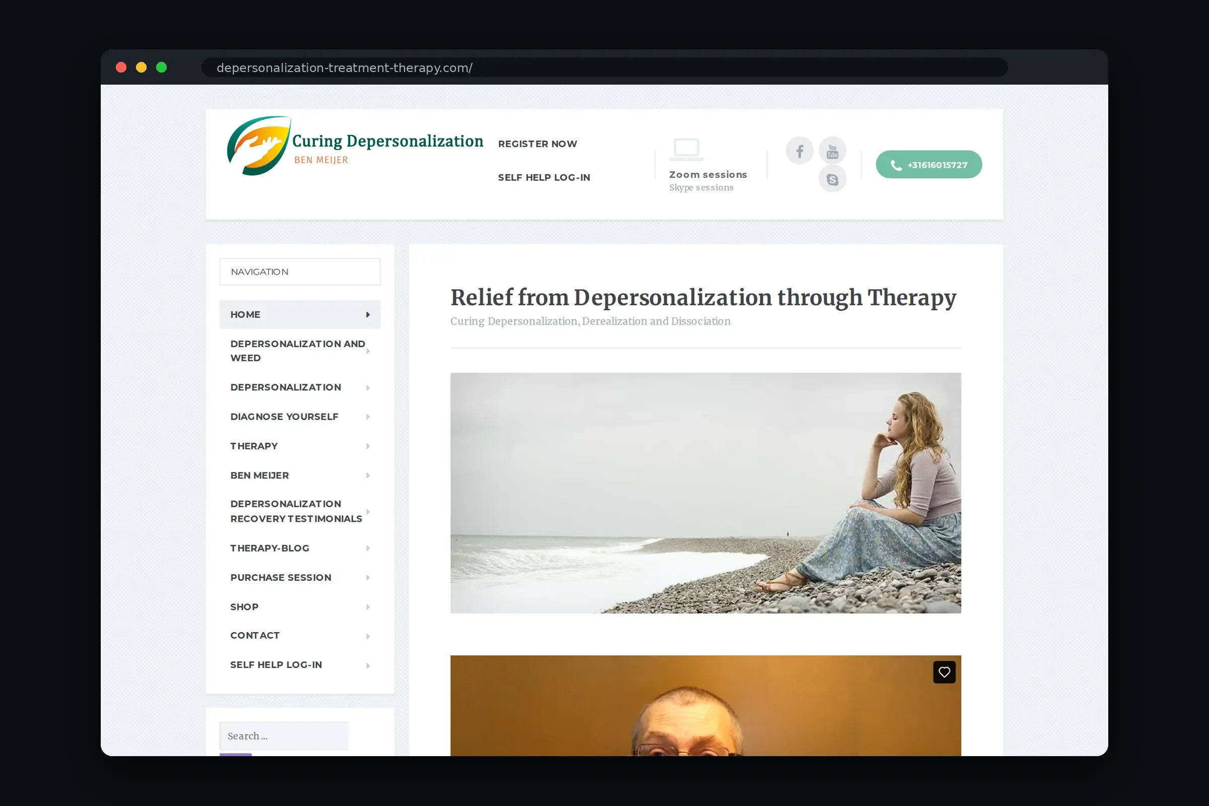 Homepage van de Engelse site depersonalization-treatment-therapy.com.
