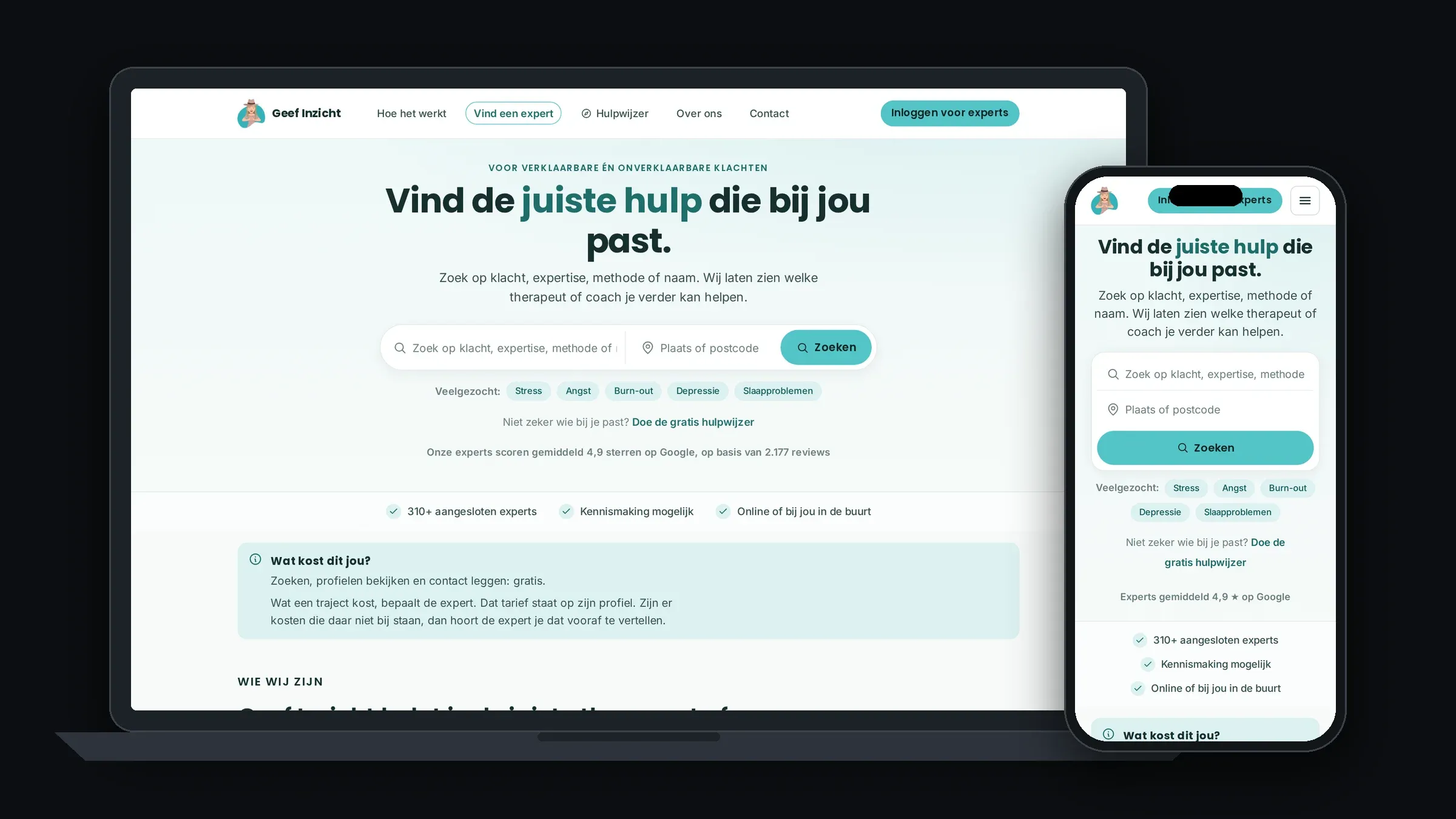 Homepage van Geef Inzicht, een platform om een therapeut of coach te vinden