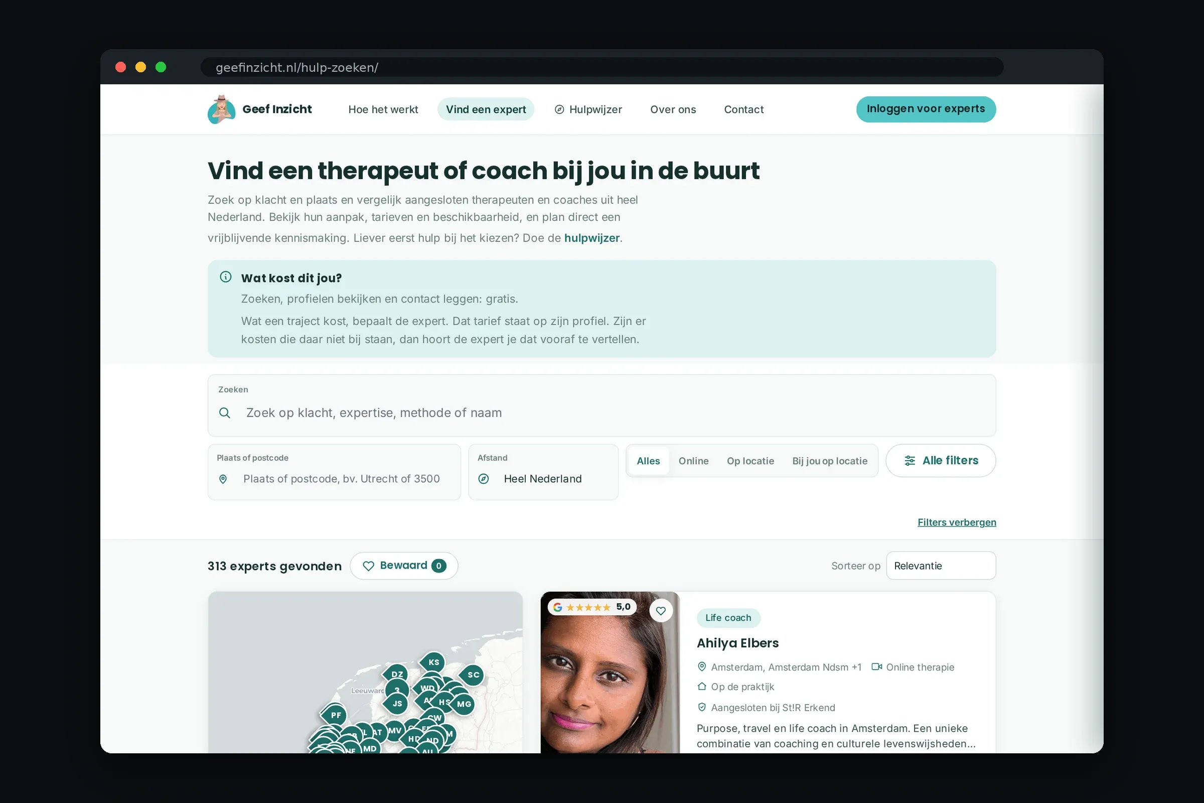 Zoekpagina van Geef Inzicht met een kaart van experts en filters op klacht en plaats