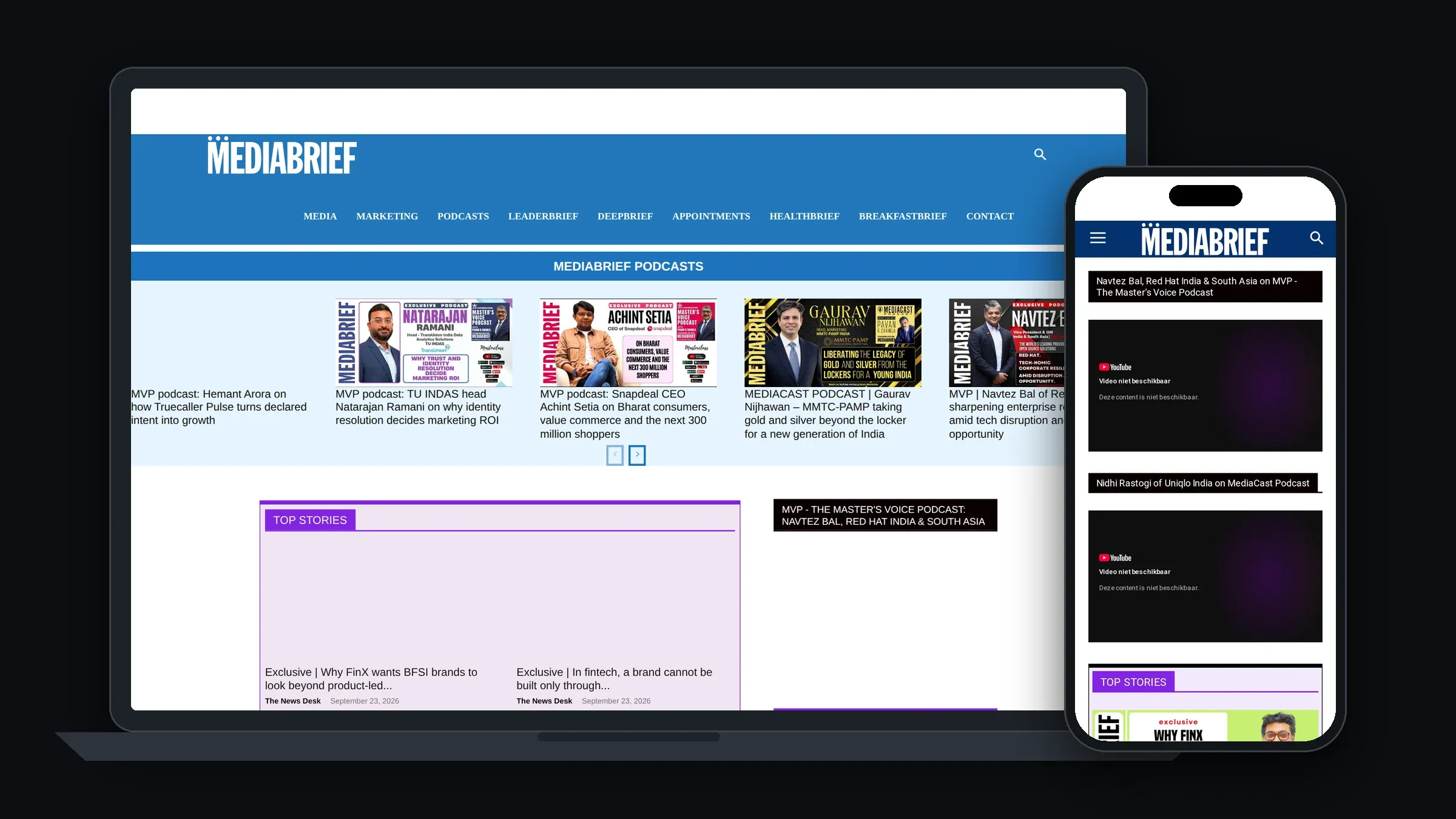 Homepage van MediaBrief, een Indiaas B2B-nieuwsplatform over media en marketing, met de nieuwe navigatie.