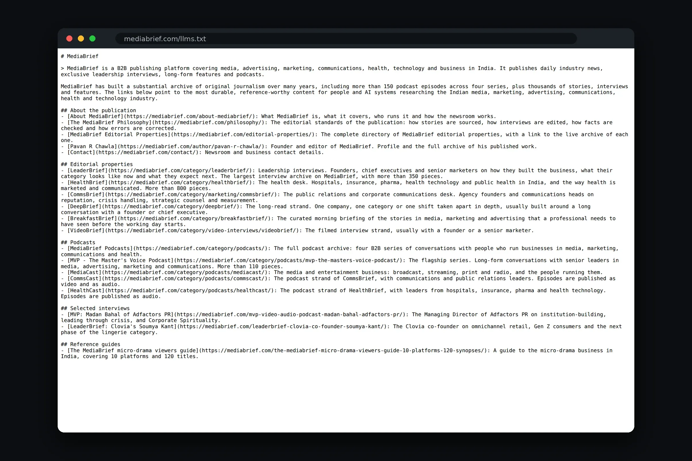 Het handgeschreven llms.txt-bestand van MediaBrief met links naar de belangrijkste naslagpagina's.