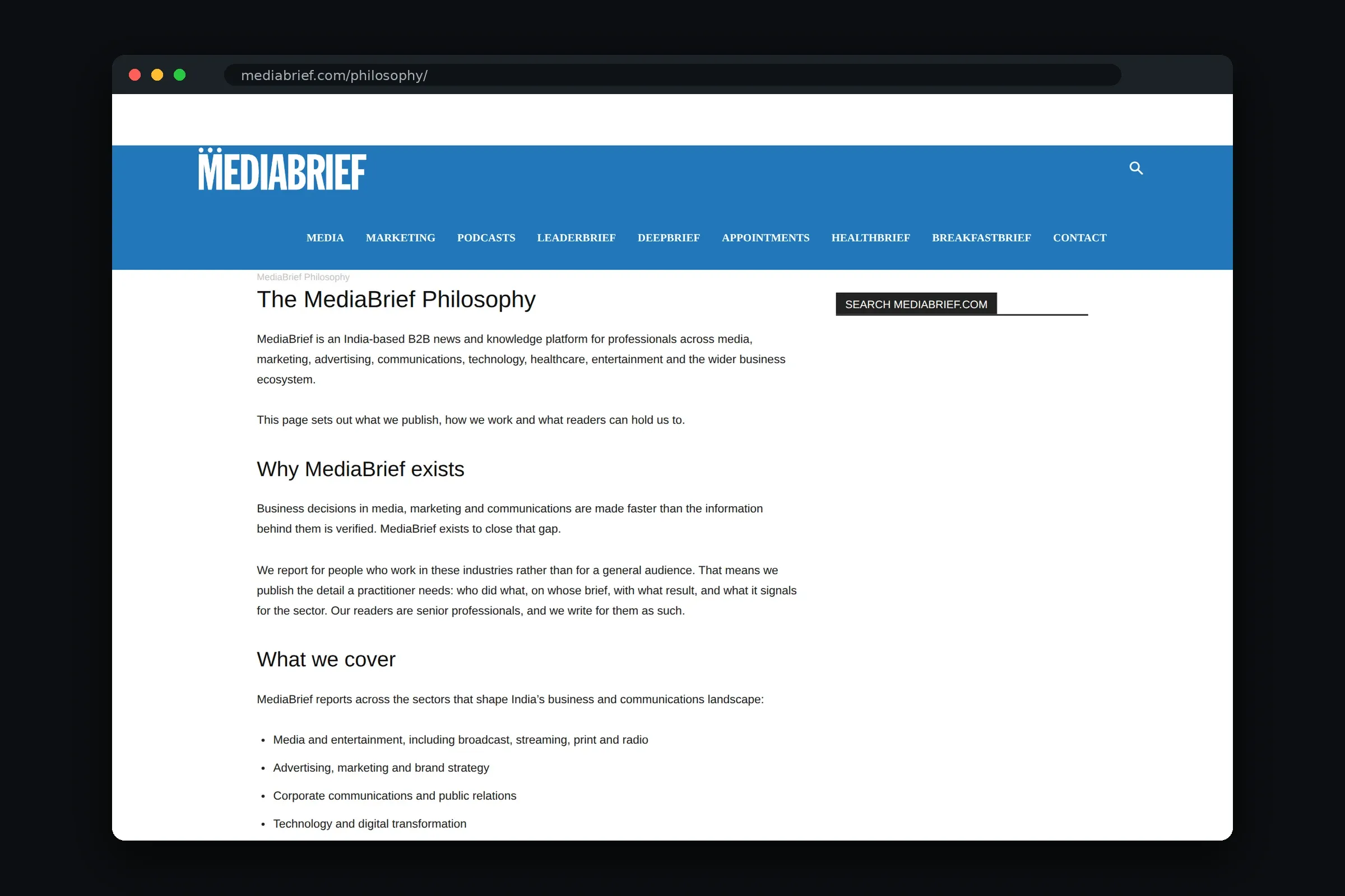 Philosophy-pagina van MediaBrief met de redactionele standaard: hoe verhalen tot stand komen en hoe correcties gaan.