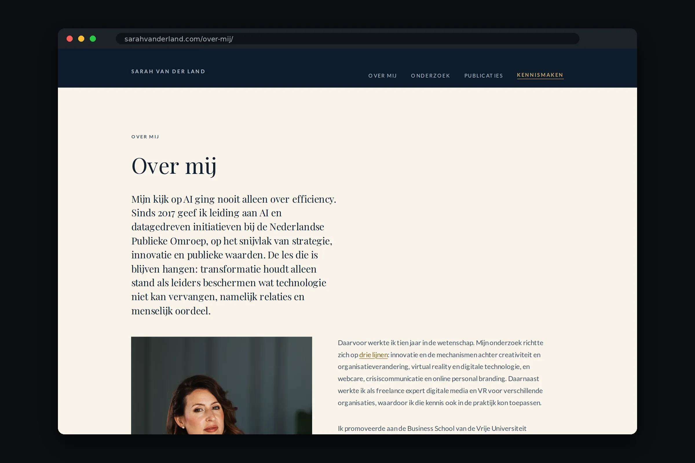 Over mij-pagina met portret en tekst in de huisstijl van de site.