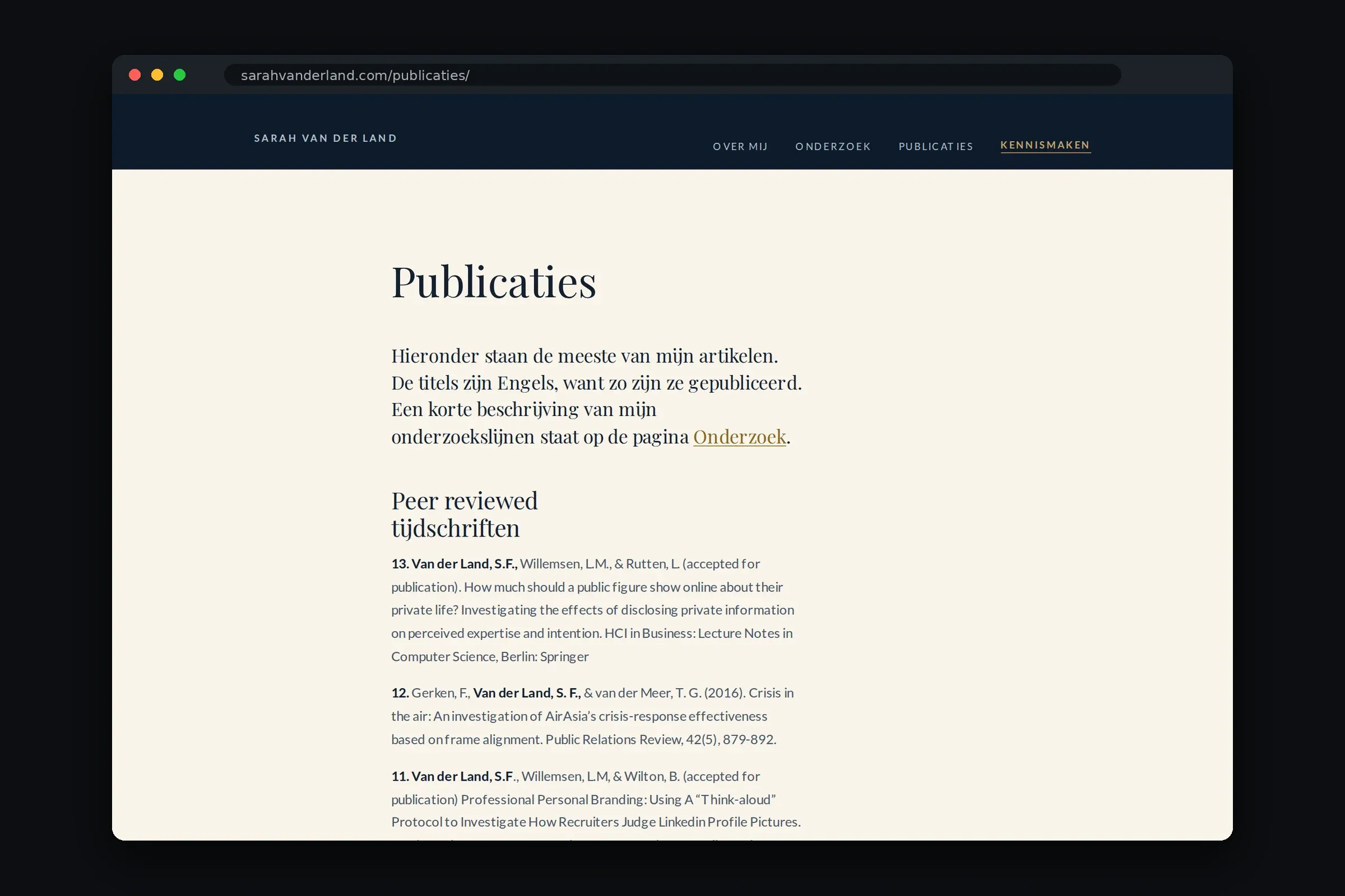 Publicatiepagina met wetenschappelijke artikelen onder Nederlandse kopjes en links naar pdf's.