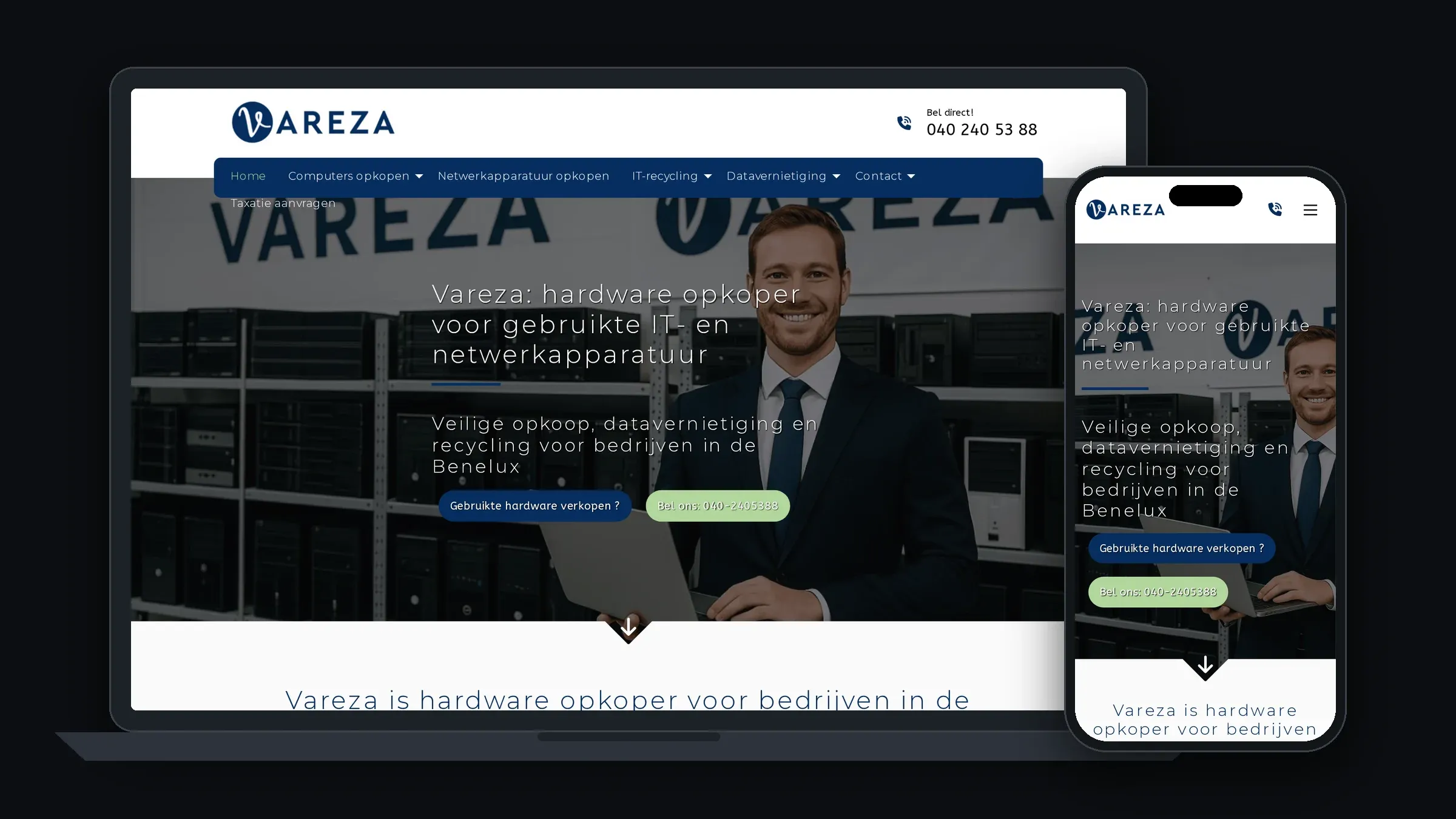 Homepage van vareza.nl, opkoper van gebruikte zakelijke IT-hardware.