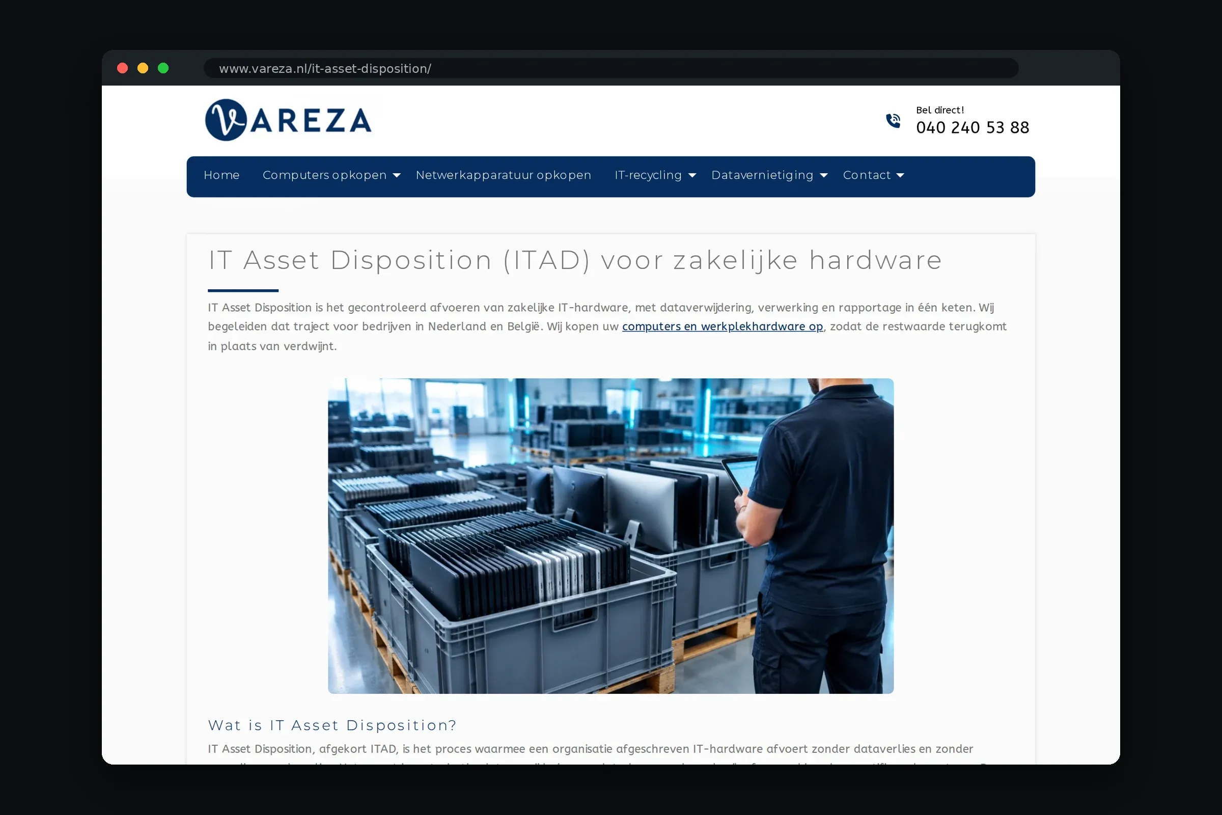 Pagina over IT Asset Disposition op vareza.nl, met doorverwijzing naar hardware opkopen.