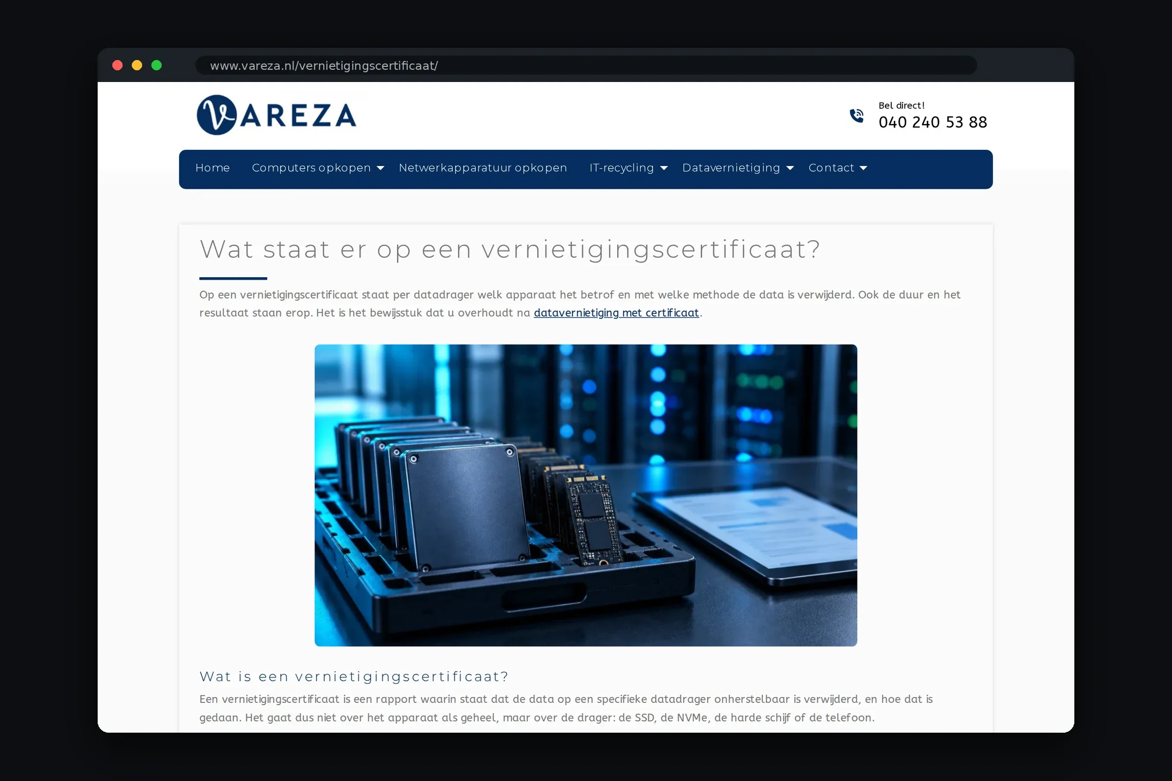 Pagina op vareza.nl die uitlegt wat er op een vernietigingscertificaat staat.