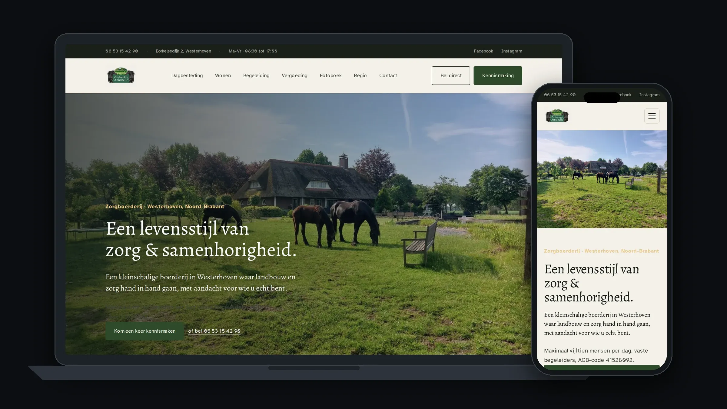 Homepage van Zorgboerderij Annabelle in Westerhoven op laptop en telefoon